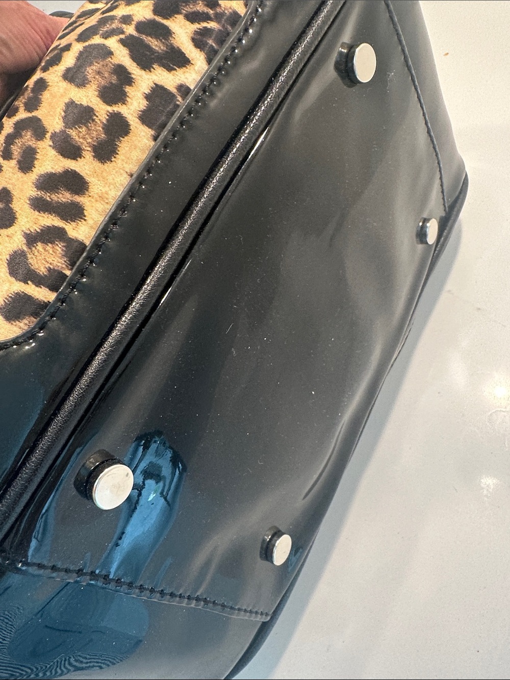 Leopard Print Tote with Black Trim and Silver Chain Accents - Picture 7 of 11